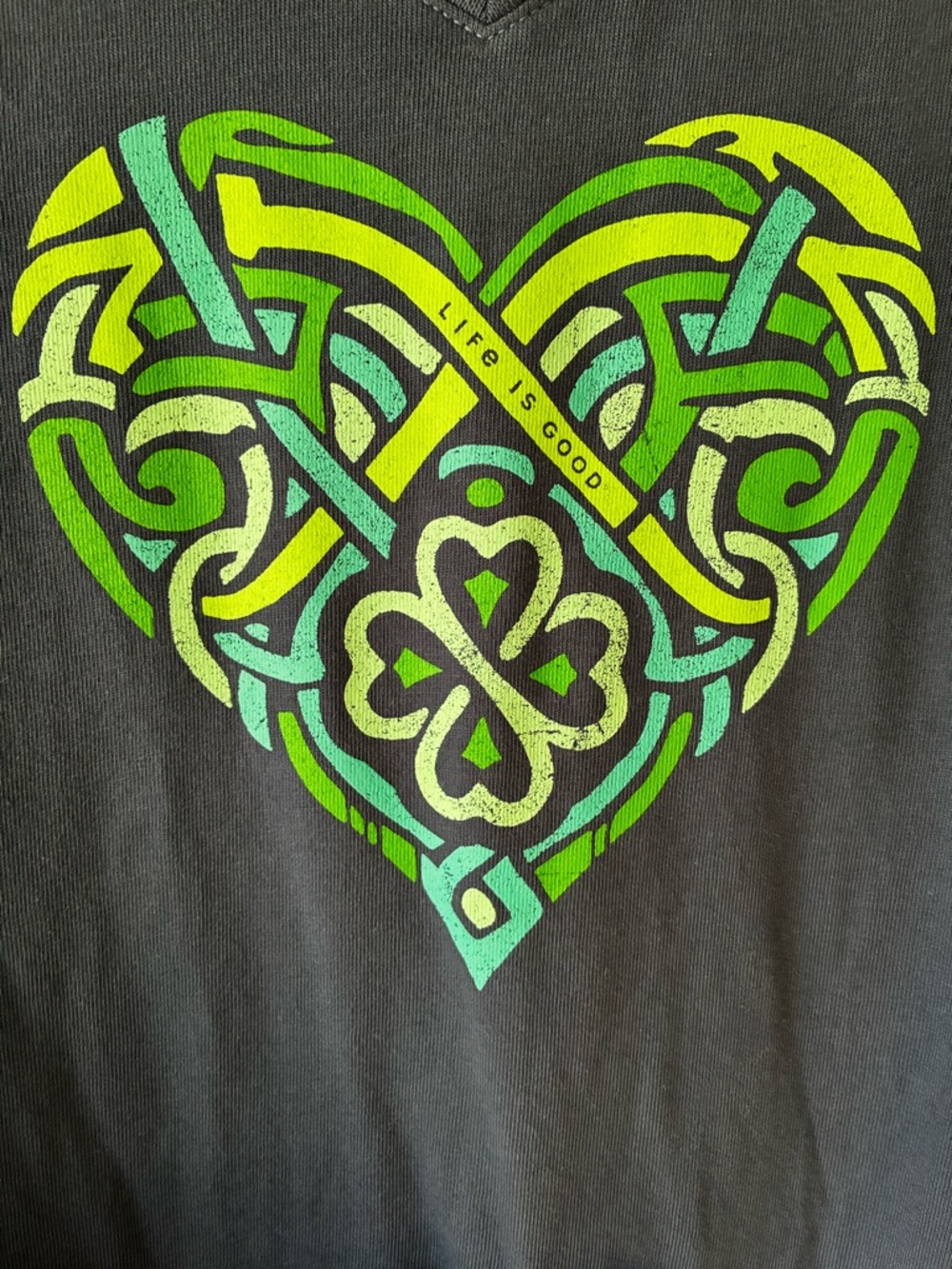Life Is Good Dark Blue V-Neck Tee with Green Celtic Heart Graphic - Picture 3 of 4